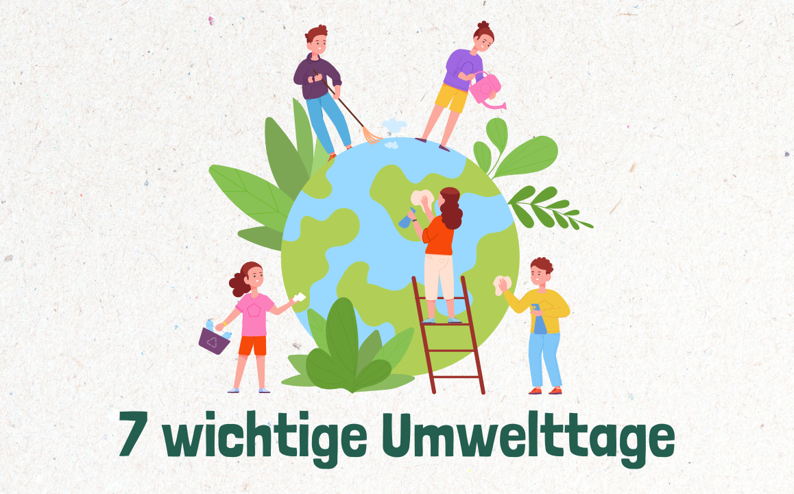 Fünf Personen pflegen die Erde durch Müllsammeln, Pflanzen und Gießen, mit dem Schriftzug „7 wichtige Umwelttage“.