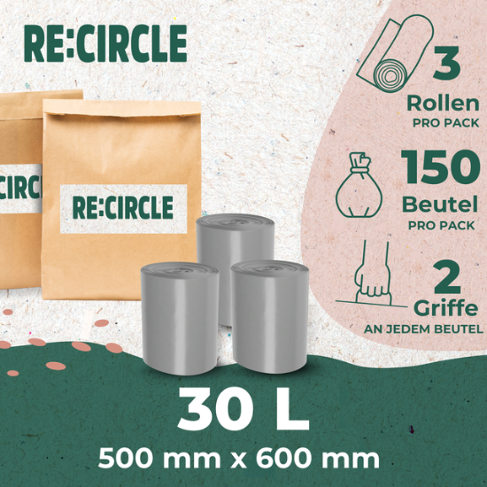 30-Liter-Recycling-Müllbeutel von RE:CIRCLE, aus 80% recyceltem Material, robust und mit Tragegriffen.