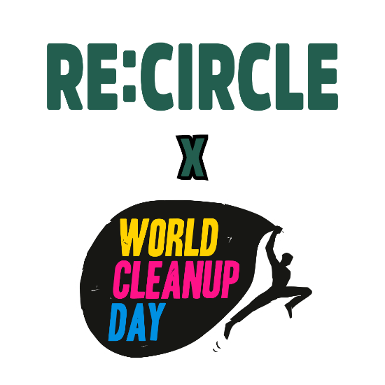 Logo von RE:CIRCLE über einem stilisierten Logo des World Cleanup Day.