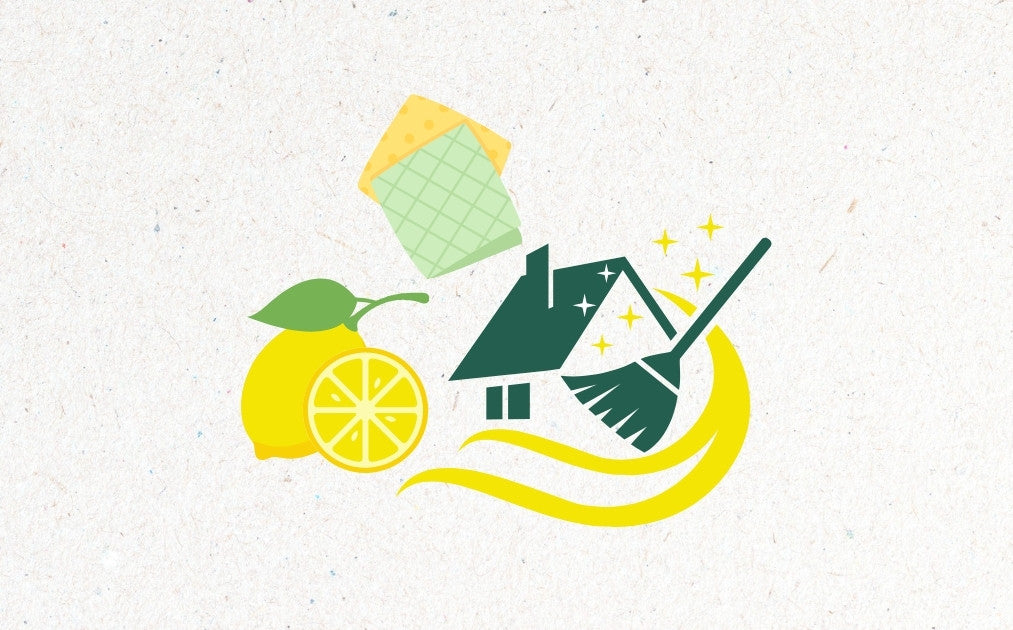 Zitrone, Schwämme, Haus und Besen – Symbole für Sauberkeit.