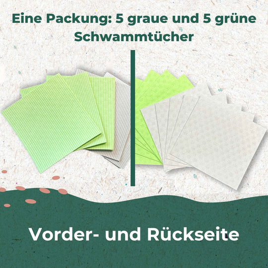 Bild der nachhaltigen Schwammtücher von RE:CIRCLE, bestehend aus zwei Sets: einem grauen und einem grünen. Die waschbaren Tücher zeigen Vorder- und Rückseite mit dem Text oben „Eine Packung: 5 graue und 5 grüne Schwammtücher“ und unten „Vorder- und Rückseite“. Ideal für umweltschonendes Putzen.