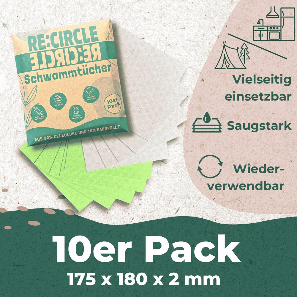 Bild eines 10er-Packs RE:CIRCLE Nachhaltige Schwammtücher für Küche & Bad aus 90 % Zellulose und 10 % Baumwolle, ideal für umweltschonendes Putzen. Vielseitig, saugfähig und wiederverwendbar, mit Symbolen für den Küchen- und Campinggebrauch. Abmessungen: 175 x 180 x 2 mm.