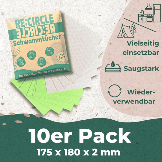 Bild eines 10er-Packs RE:CIRCLE Nachhaltige Schwammtücher für Küche & Bad aus 90 % Zellulose und 10 % Baumwolle, ideal für umweltschonendes Putzen. Vielseitig, saugfähig und wiederverwendbar, mit Symbolen für den Küchen- und Campinggebrauch. Abmessungen: 175 x 180 x 2 mm.