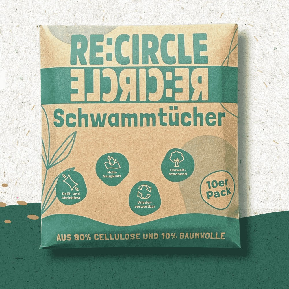 Das Bild zeigt eine biologisch abbaubare Schwammtuchpackung mit dem Namen „Nachhaltige Schwammtücher für Küche & Bad – 10er Pack“ von RE:CIRCLE. Zu den hervorgehobenen Merkmalen zählen hohe Saugfähigkeit, Umweltfreundlichkeit und Wiederverwendbarkeit. Diese umweltschonende Putztücher bestehen aus 90 % Zellulose und 10 % Baumwolle.