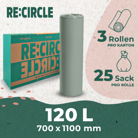120L Müllsäcke - 3 Rollen pro Karton, 25 Säcke pro Rolle, Größe: 700x1100 mm.