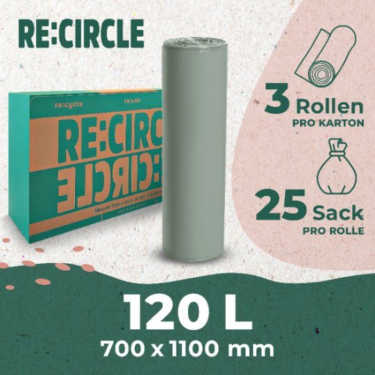 120L Müllsäcke - 3 Rollen pro Karton, 25 Säcke pro Rolle, Größe: 700x1100 mm.
