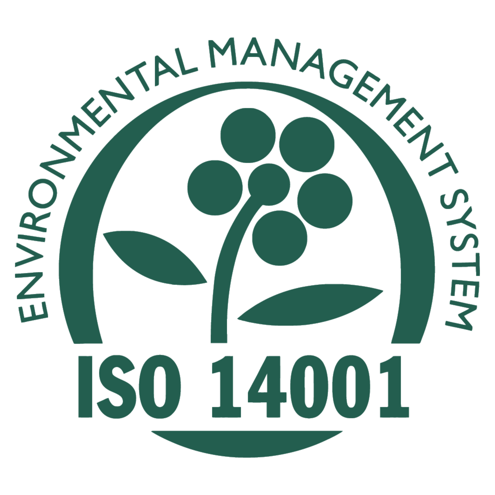 Ein Logo für das 'Environmental Management System' mit der Bezeichnung 'ISO 14001'. Das grüne Design zeigt eine stilisierte Blume mit Blättern in der Mitte, die von einem kreisförmigen Text umgeben ist. Die Grafik symbolisiert Nachhaltigkeit und umweltfreundliches Management.